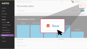 Educator account in Xello. The Personality styles report is open, filters have been applied and the cursor is clicking Save.